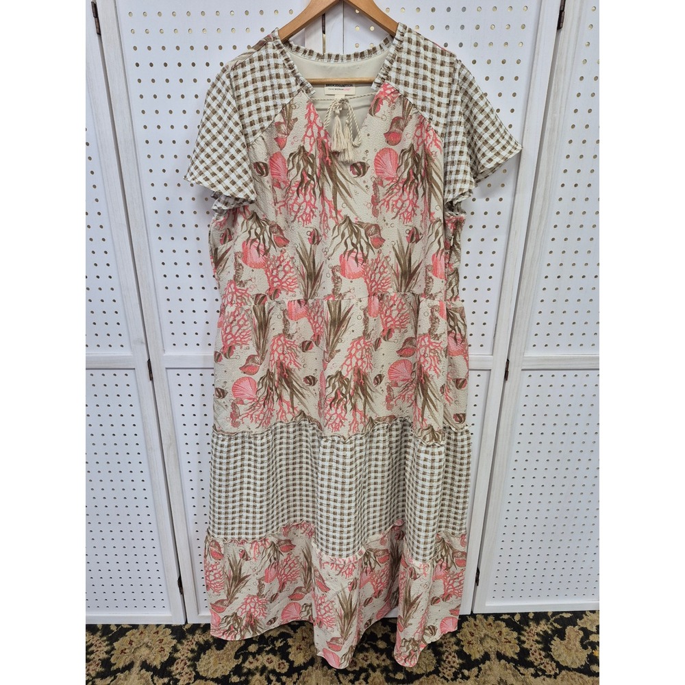 Isaac Mizrahi Live Bridgehampton Coral Gingham Tiered Maxi Dress Size XL Pockets